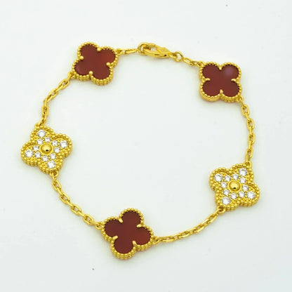 [Royal Jewelry]CLOVER 5 MOTIFS CARNELIAN DIAMOND BRACELET