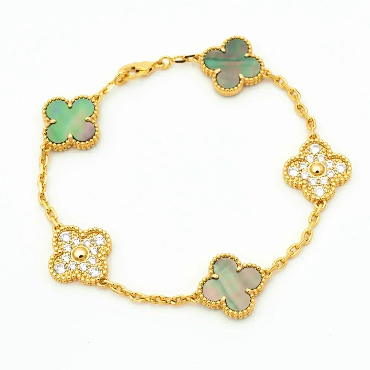 [Royal Jewelry]CLOVER 5 MOTIF GRAY MOP DIAMOND BRACELET
