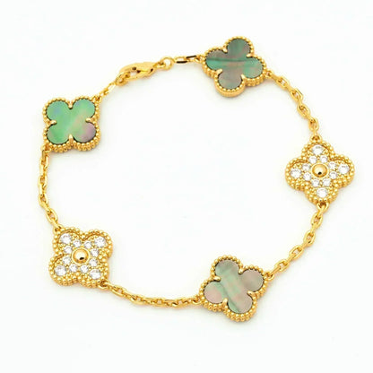 [Royal Jewelry]CLOVER 5 MOTIF GRAY MOP DIAMOND BRACELET