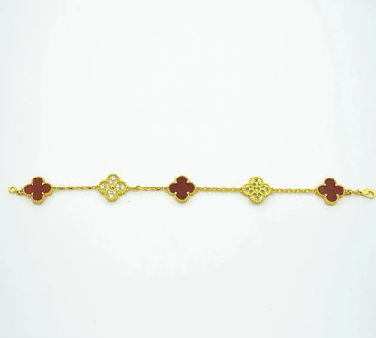 [Royal Jewelry]CLOVER 5 MOTIFS CARNELIAN DIAMOND BRACELET