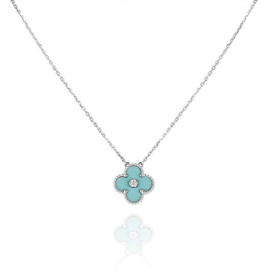 [Royal Jewelry]CLOVER 1 DIAMOND LIGHT BLUE SILVER NECKLACE