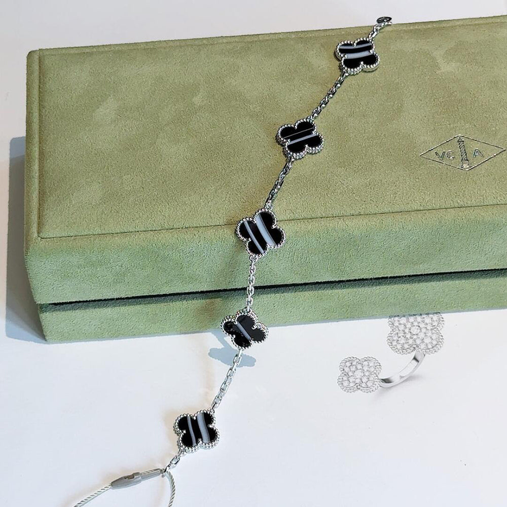 [Royal Jewelry]CLOVER 5 MOTIF VEINED ONYX BRACELET SILVER