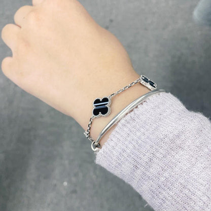 [Royal Jewelry]CLOVER 5 MOTIF VEINED ONYX BRACELET SILVER