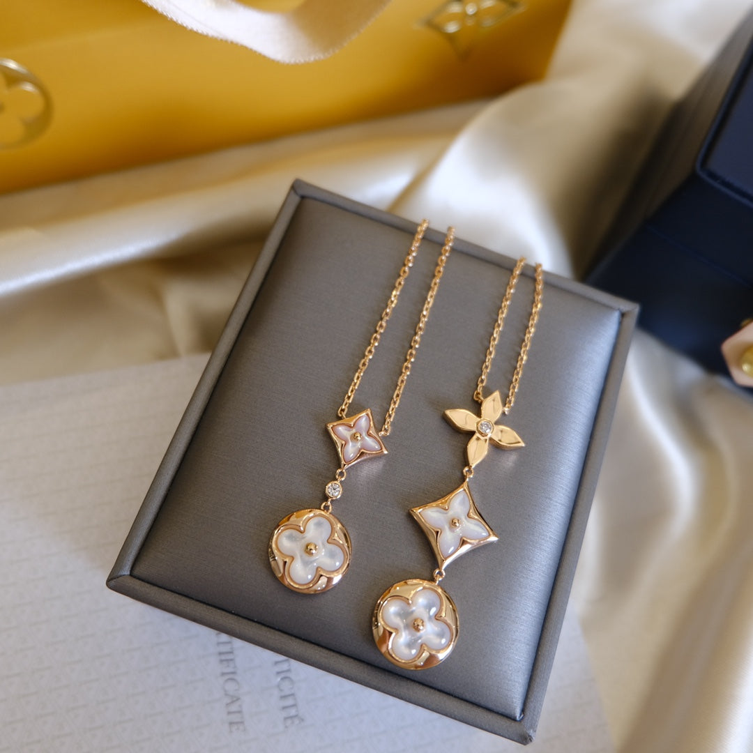 [Royal Jewelry]COLOR BLOSSOM LARIAT NECKLACE PINK GOLD WHITE MOTHER PEARL AND DIAMOND