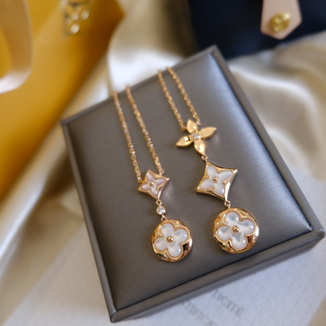 [Royal Jewelry]COLOR BLOSSOM LARIAT NECKLACE PINK GOLD WHITE MOTHER PEARL AND DIAMOND