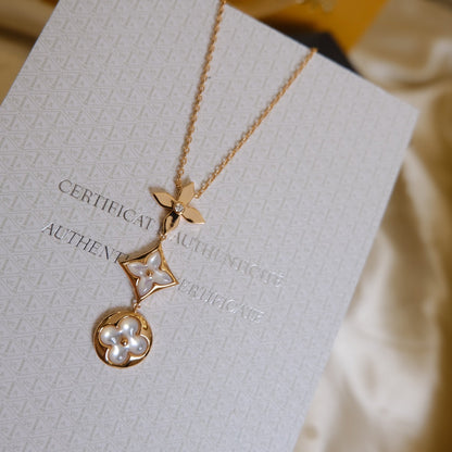 [Royal Jewelry]COLOR BLOSSOM LARIAT NECKLACE PINK GOLD WHITE MOTHER PEARL AND DIAMOND