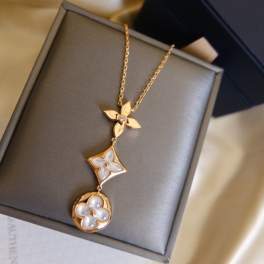 [Royal Jewelry]COLOR BLOSSOM LARIAT NECKLACE PINK GOLD WHITE MOTHER PEARL AND DIAMOND