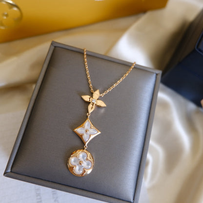 [Royal Jewelry]COLOR BLOSSOM LARIAT NECKLACE PINK GOLD WHITE MOTHER PEARL AND DIAMOND