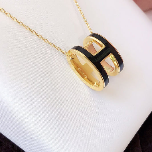 [Royal Jewelry]HM CLIC BLACK ENAMEL GOLD NECKLACE
