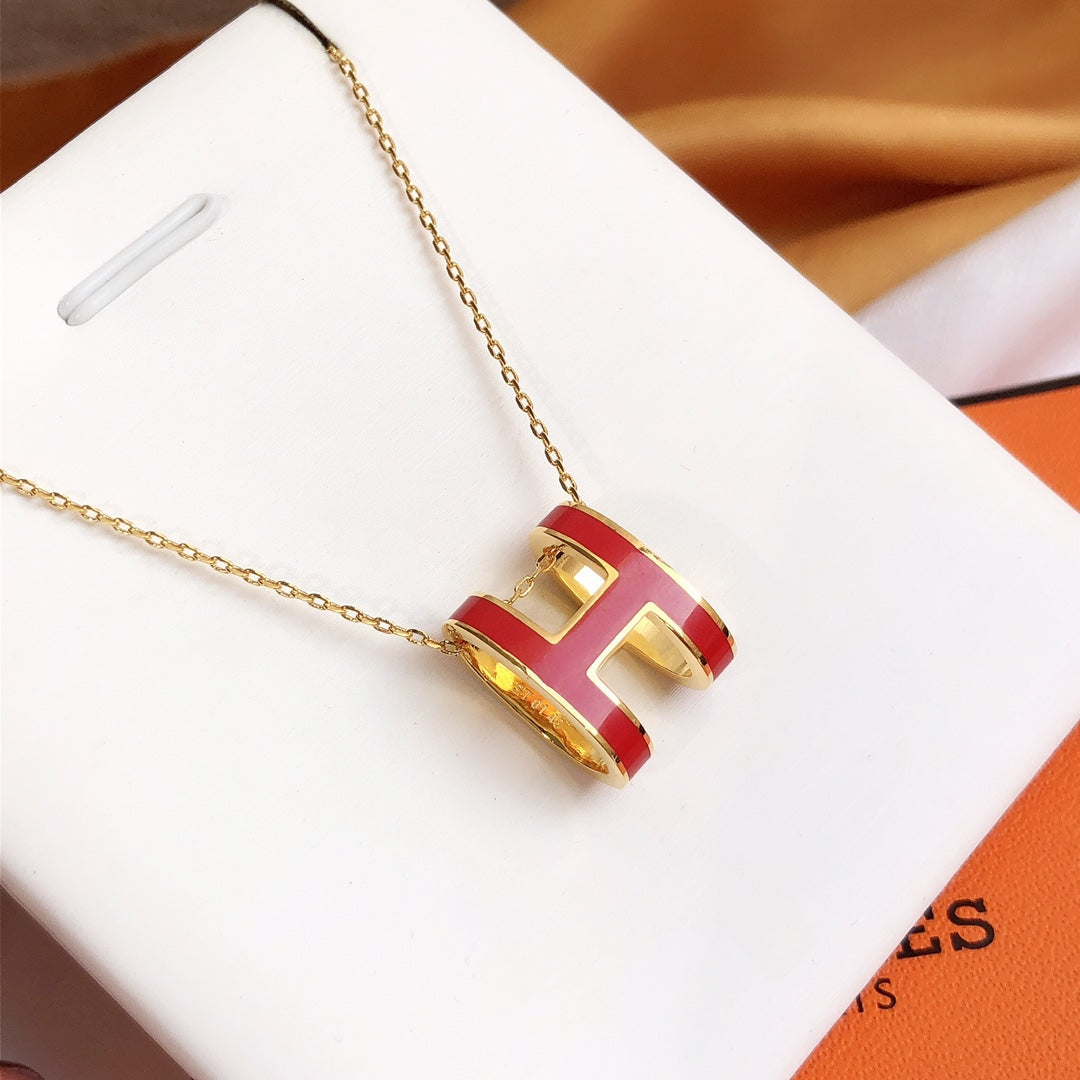 [Royal Jewelry]HM CLIC RED ENAMEL GOLD NECKLACE
