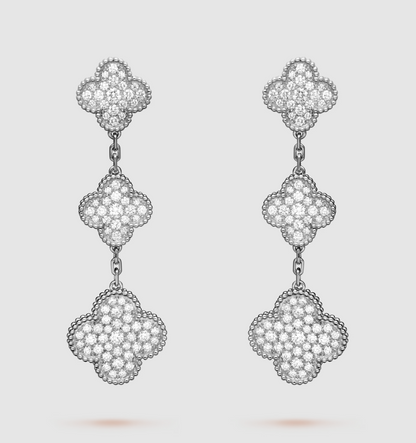[Royal Jewelry]CLOVER 3 MOTIF DIAMOND SILVER DROP EARRINGS