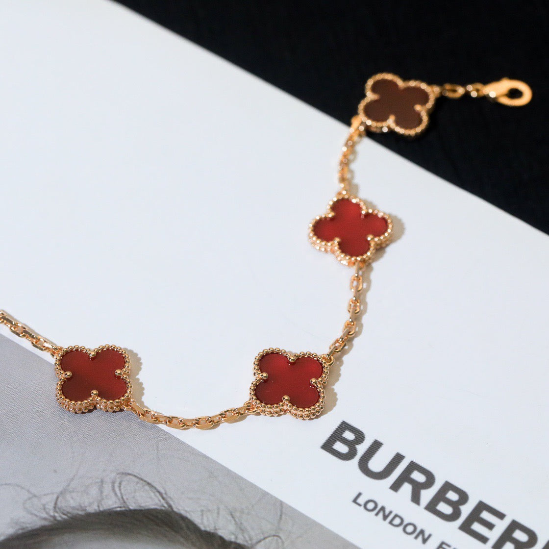 [Royal Jewelry]CLOVER 5 MOTIFS RED AGATE  BRACELET