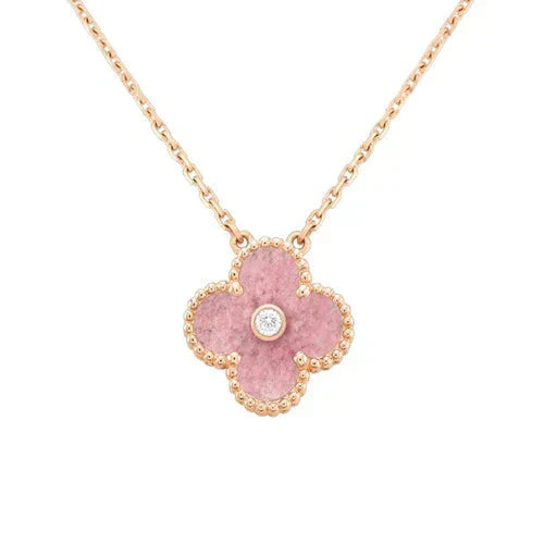 [Royal Jewelry]CLOVER 15MM DIAMOND RHODONITE NECKLACE