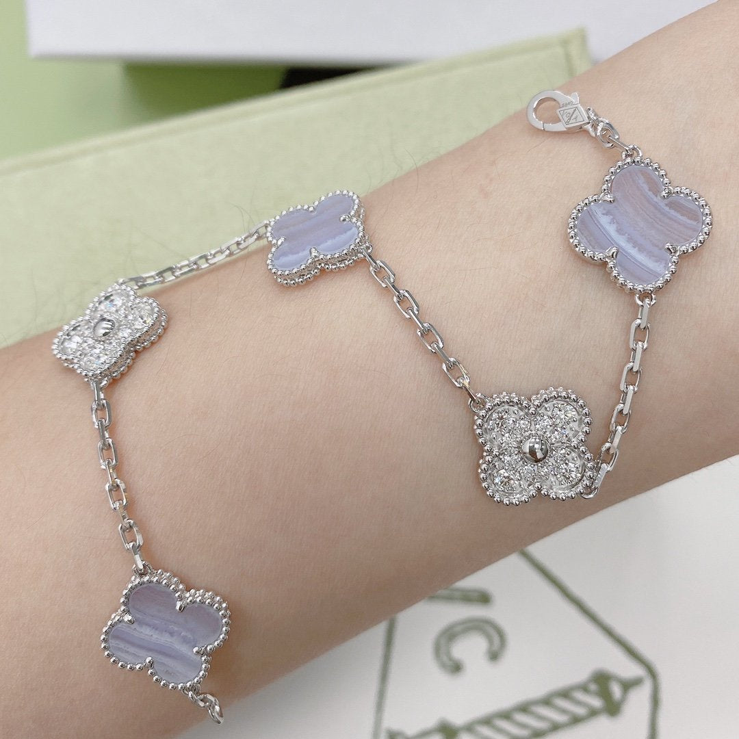 [Royal Jewelry]CLOVER  5 MOTIF DIAMOND PURPLE CHALCEDONY BRACELET SILVER