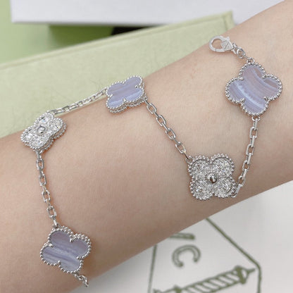 [Royal Jewelry]CLOVER  5 MOTIF DIAMOND PURPLE CHALCEDONY BRACELET SILVER