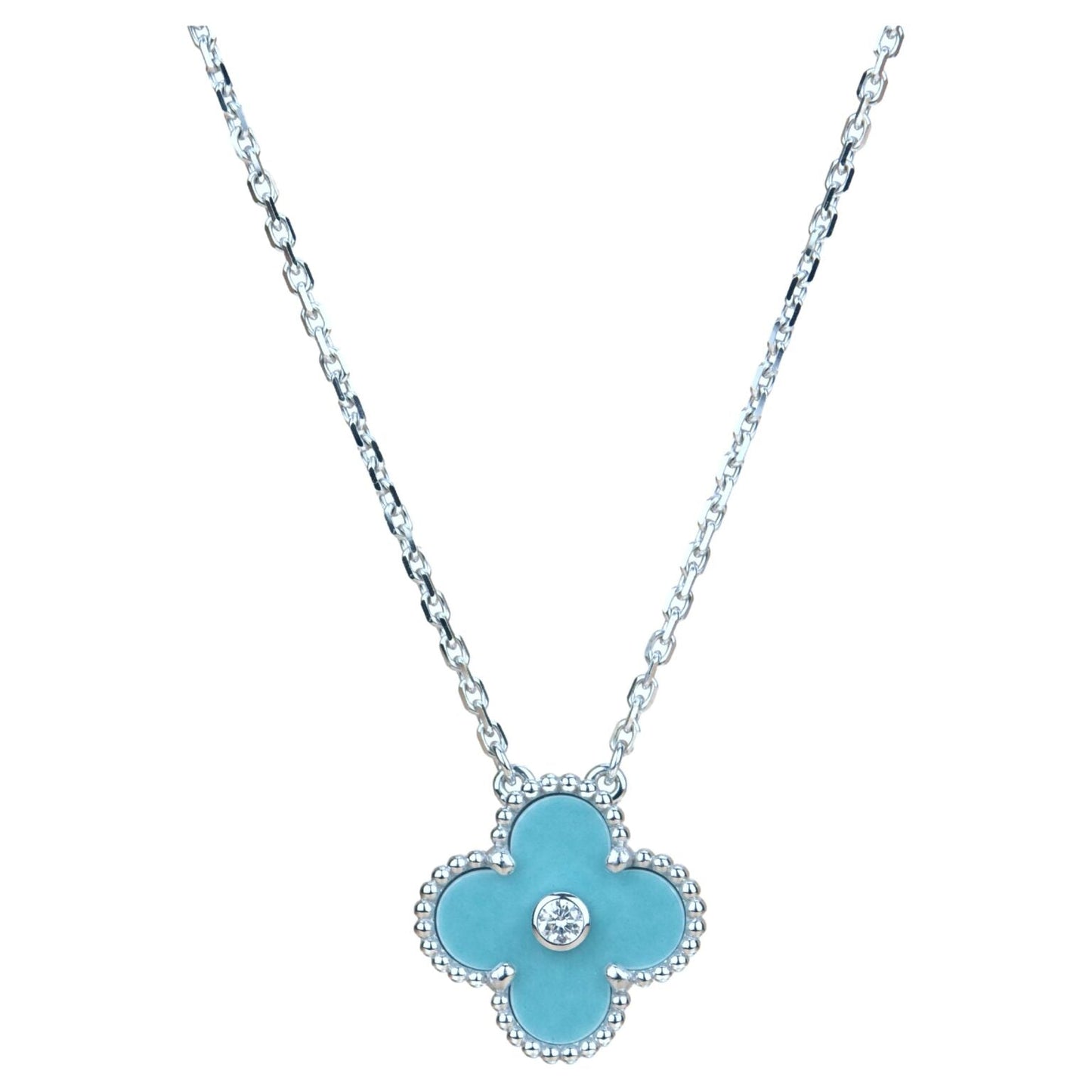 [Royal Jewelry]COLLIER TRÈFLE 15MM DIAMANT PORCELAINE ARGENT