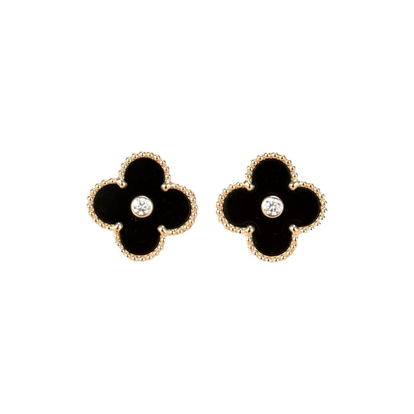 [Royal Jewelry]CLOVER MEDIUM 1 MOTIFS ONYX DIAMOND EARRINGS