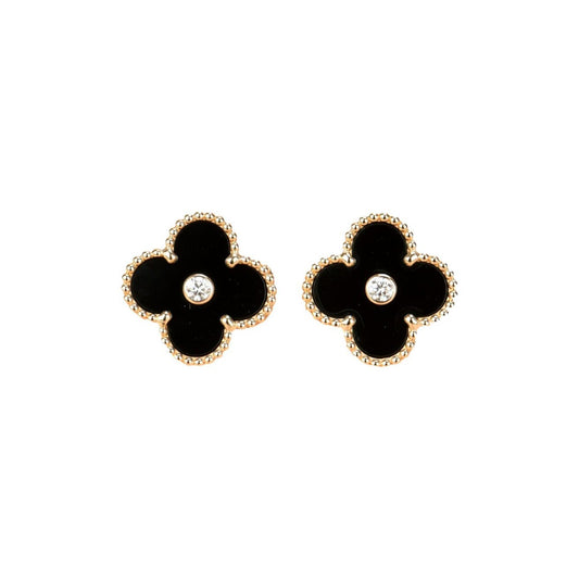 [Royal Jewelry]CLOVER MEDIUM 1 MOTIFS ONYX DIAMOND EARRINGS