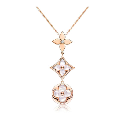 [Royal Jewelry]COLOR BLOSSOM LARIAT NECKLACE PINK GOLD WHITE MOTHER PEARL AND DIAMOND