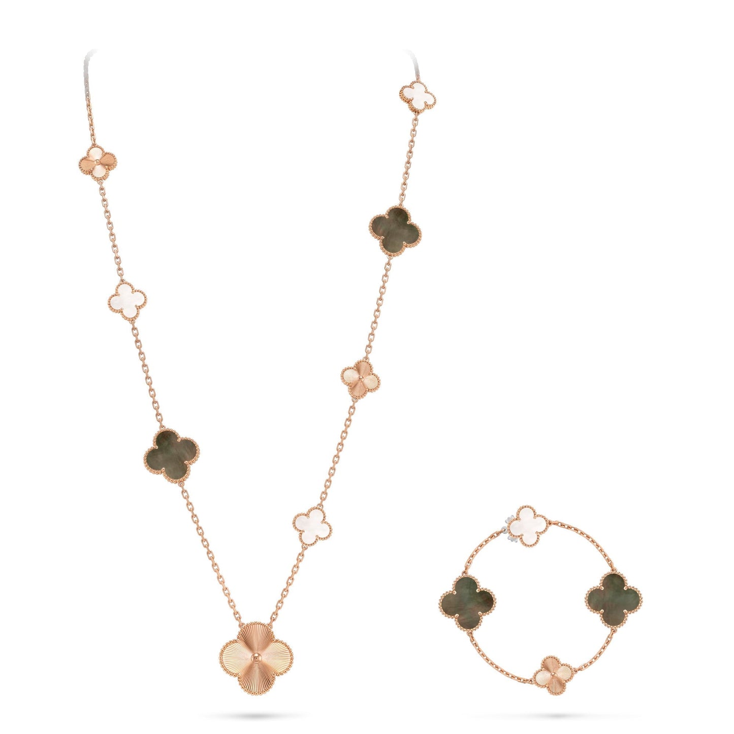 [Royal Jewelry]DETACHABLE CLOVER 15(11+4) FLOWER ROSE GOLD NECKLACE SET