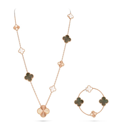 [Royal Jewelry]DETACHABLE CLOVER 15(11+4) FLOWER ROSE GOLD NECKLACE SET