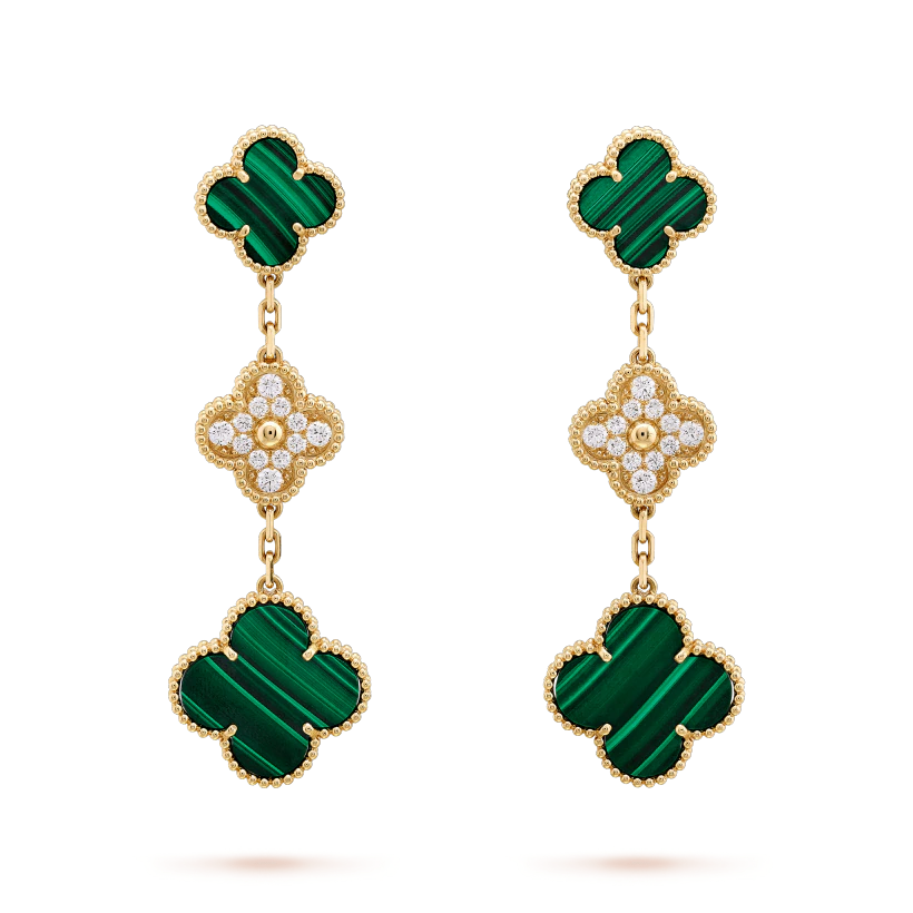 [Royal Jewelry]CLOVER EARRINGS GOLD MALACHITE DIAMOND 3 MOTIF
