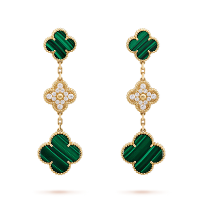 [Royal Jewelry]CLOVER EARRINGS GOLD MALACHITE DIAMOND 3 MOTIF