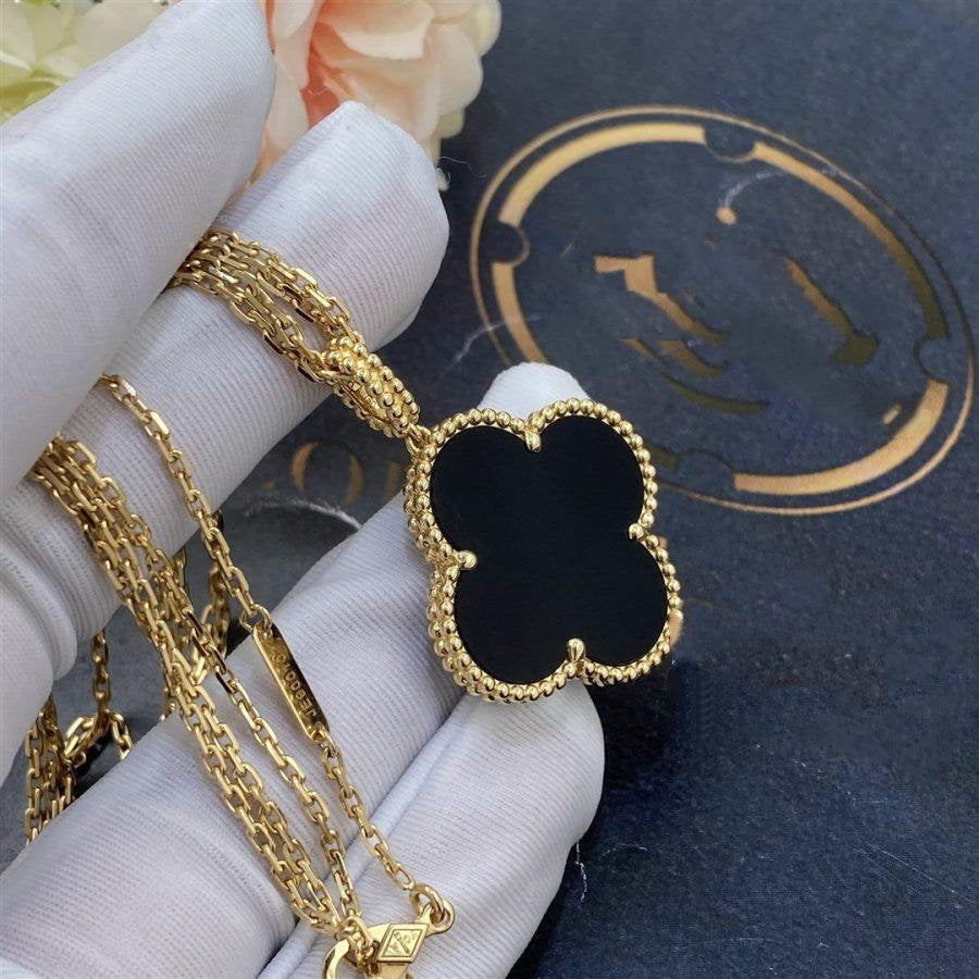 [Royal Jewelry]CLOVER 25MM GOLD ONYX BIG CLOVER NECKLACE