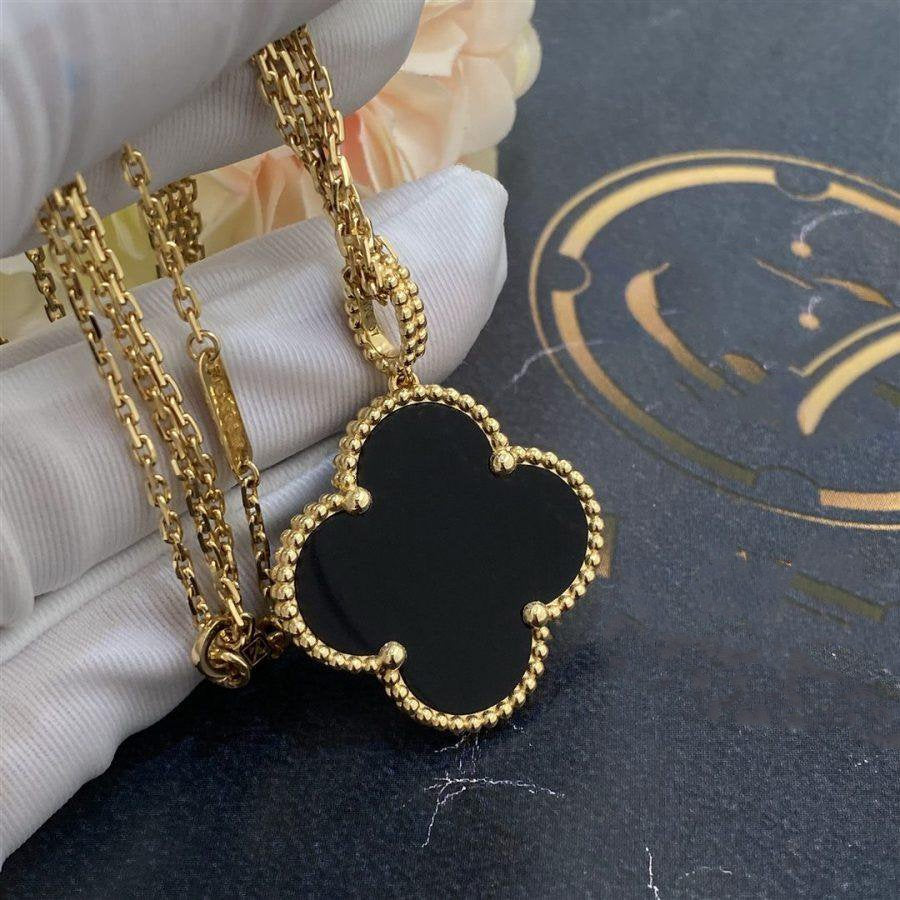 [Royal Jewelry]CLOVER 25MM GOLD ONYX BIG CLOVER NECKLACE