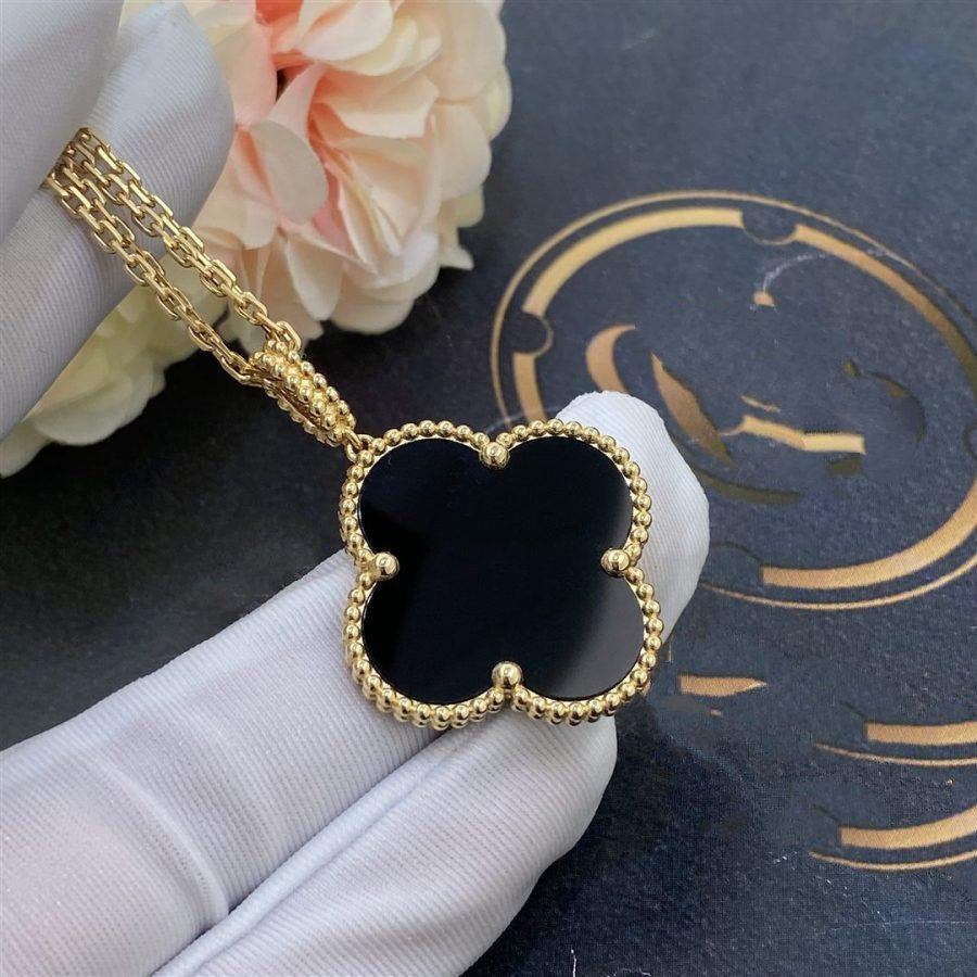 [Royal Jewelry]CLOVER 25MM GOLD ONYX BIG CLOVER NECKLACE