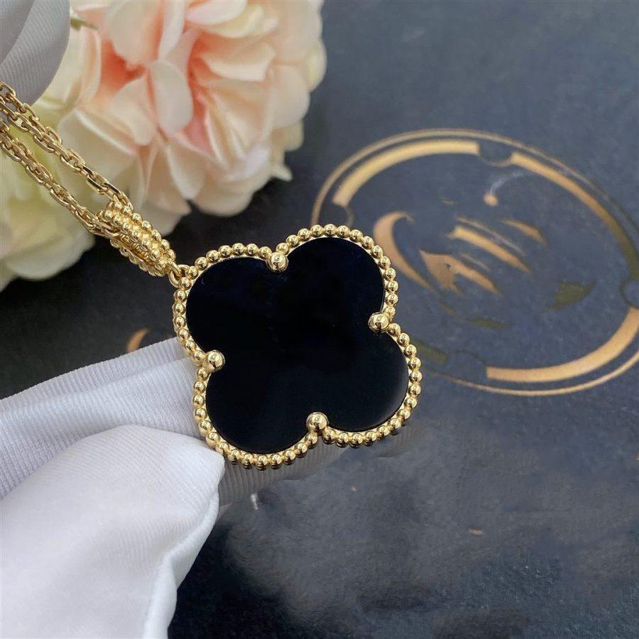 [Royal Jewelry]CLOVER 25MM GOLD ONYX BIG CLOVER NECKLACE