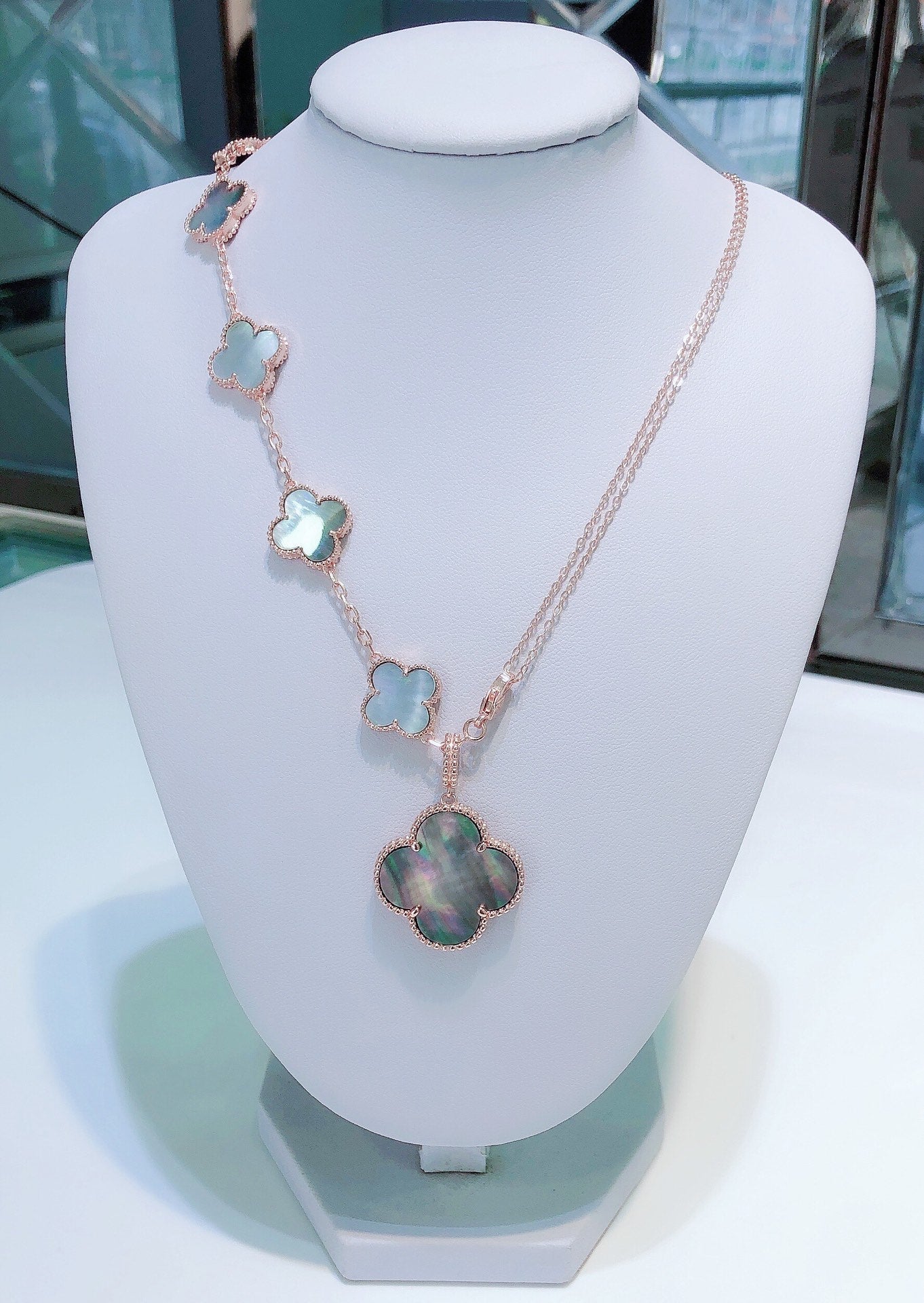 [Royal Jewelry]COMBINED BRACELET 5 MOTIFS AND NECKLACE DARK MOP ROSE GOLD