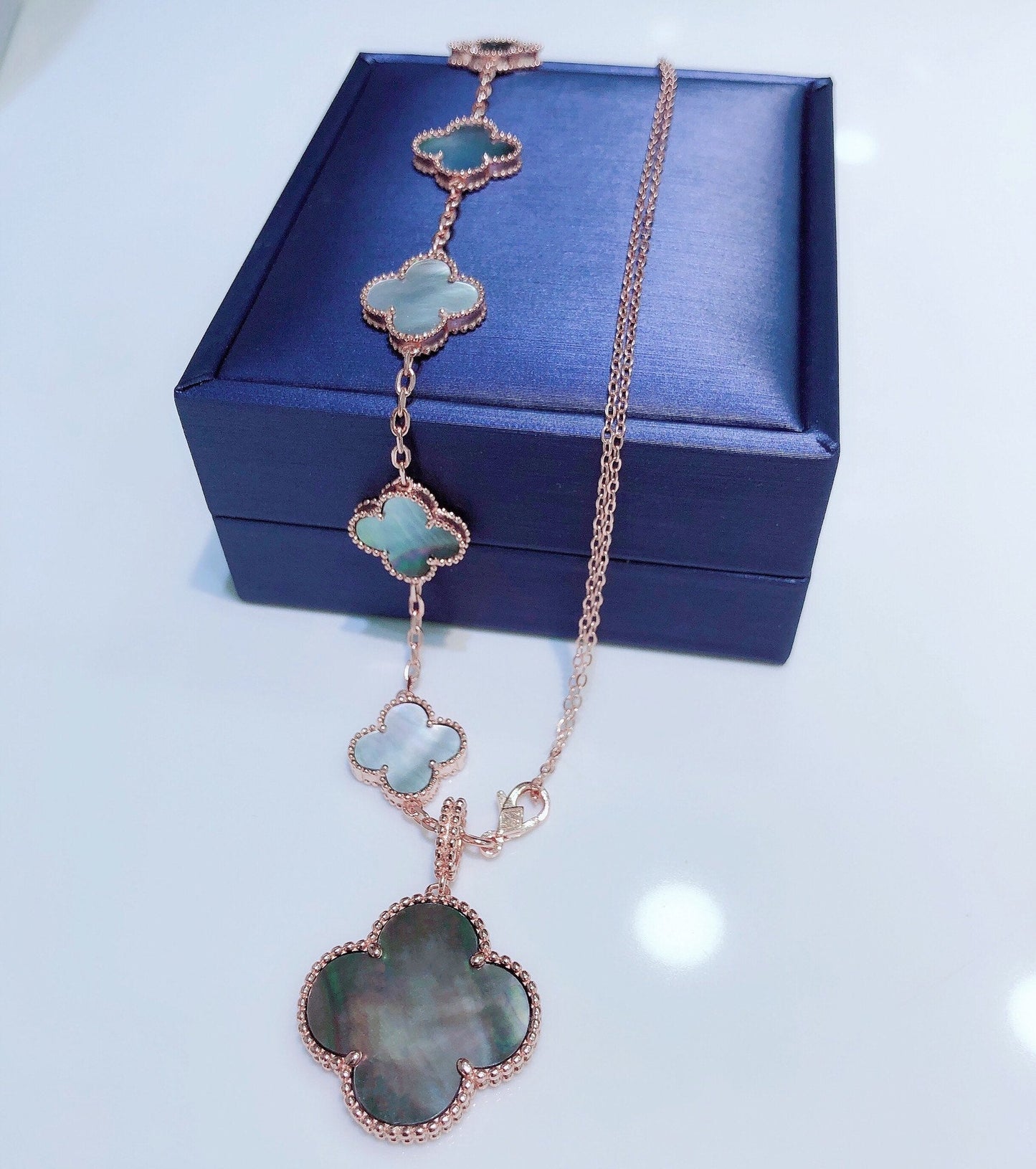 [Royal Jewelry]COMBINED BRACELET 5 MOTIFS AND NECKLACE DARK MOP ROSE GOLD