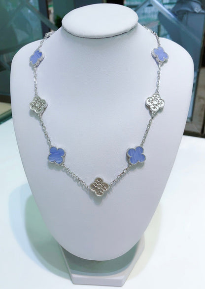 [Royal Jewelry]CLOVER 10 MOTIFS CHALCEDONY DIAMONDS SILVER NECKLACE