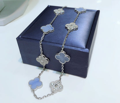 [Royal Jewelry]CLOVER 10 MOTIFS CHALCEDONY DIAMONDS SILVER NECKLACE