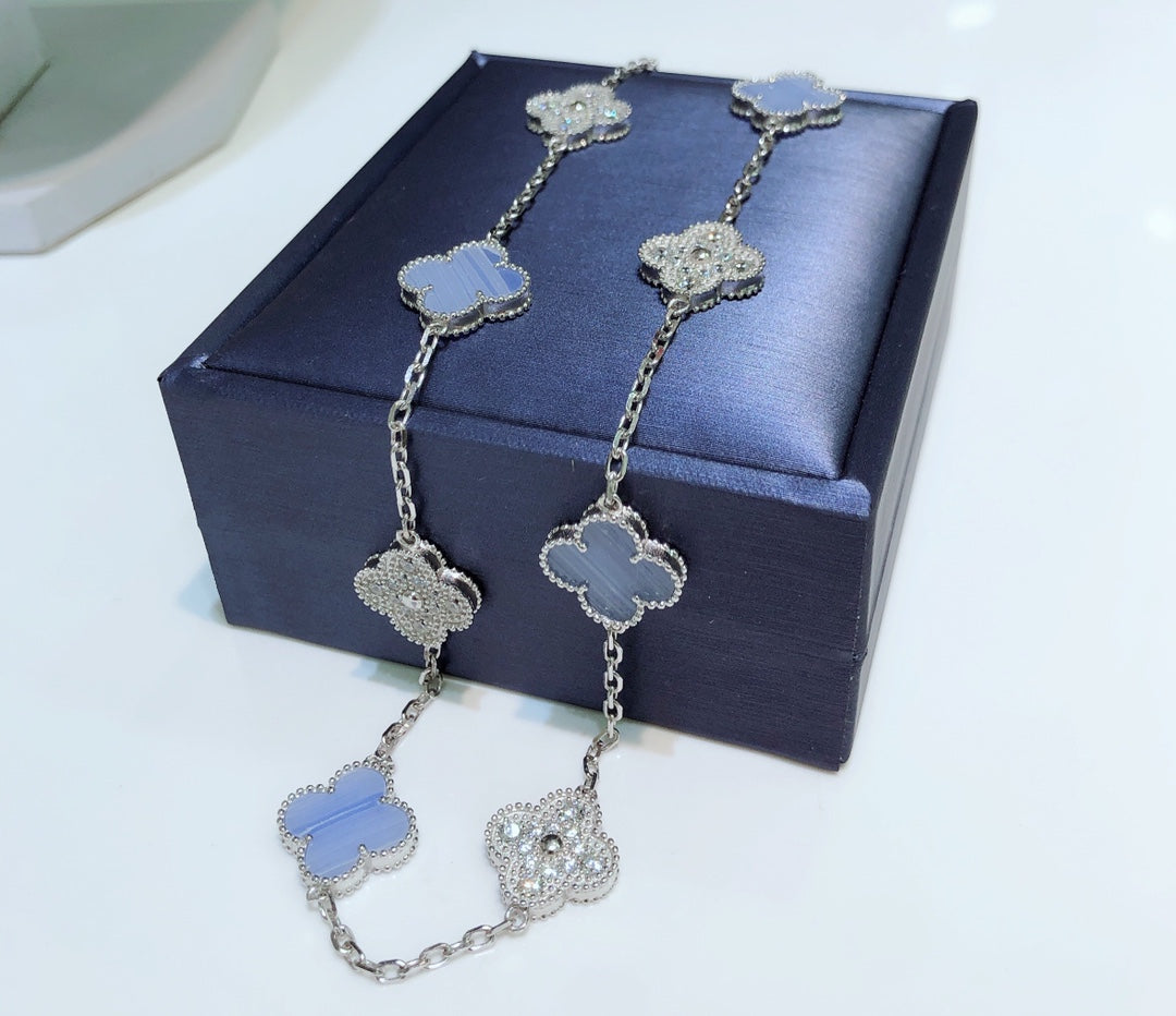 [Royal Jewelry]CLOVERS THE 10-MOTIFS CHALCEDONY DIAMONDS SILVER NECKLACE