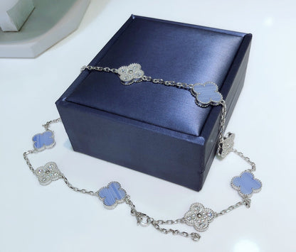 [Royal Jewelry]CLOVER 10 MOTIFS CHALCEDONY DIAMONDS SILVER NECKLACE