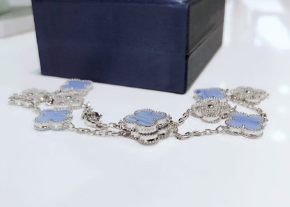 [Royal Jewelry]CLOVERS THE 10-MOTIFS CHALCEDONY DIAMONDS SILVER NECKLACE