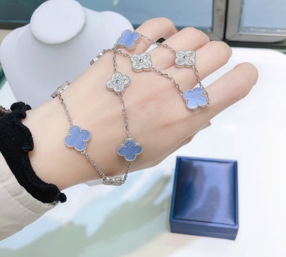 [Royal Jewelry]CLOVERS THE 10-MOTIFS CHALCEDONY DIAMONDS SILVER NECKLACE