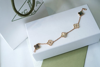 [Royal Jewelry]CLOVER 5 MOTIFS DARK MOP AND DIAMONDS PINK GOLD BRACELET