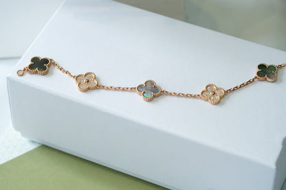 [Royal Jewelry]CLOVER 5 MOTIFS DARK MOP AND DIAMONDS PINK GOLD BRACELET