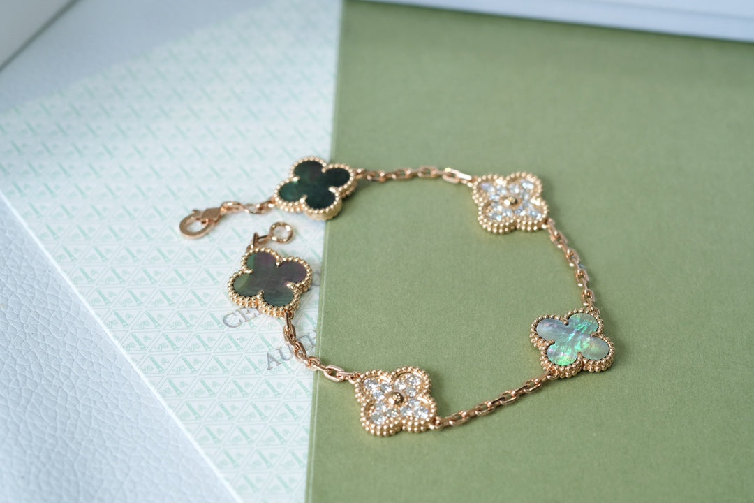 [Royal Jewelry]CLOVER 5 MOTIFS DARK MOP AND DIAMONDS PINK GOLD BRACELET