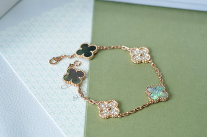 [Royal Jewelry]CLOVER 5 MOTIFS DARK MOP AND DIAMONDS PINK GOLD BRACELET