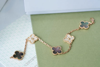[Royal Jewelry]CLOVER 5 MOTIFS DARK MOP AND DIAMONDS PINK GOLD BRACELET
