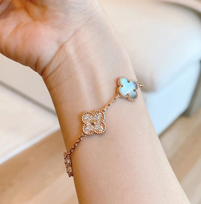 [Royal Jewelry]CLOVER 5 MOTIFS DARK MOP AND DIAMONDS PINK GOLD BRACELET
