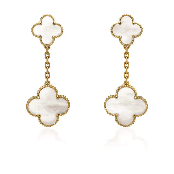 [Royal Jewelry]CLOVER 2 MOTIF WHITE MOP EARRINGS